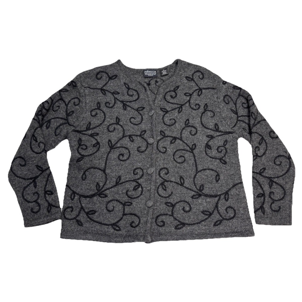 Rebecca Malone Petites PL Wool Cardigan Sweater Gray Embroidered Vine 100% Wool‎
